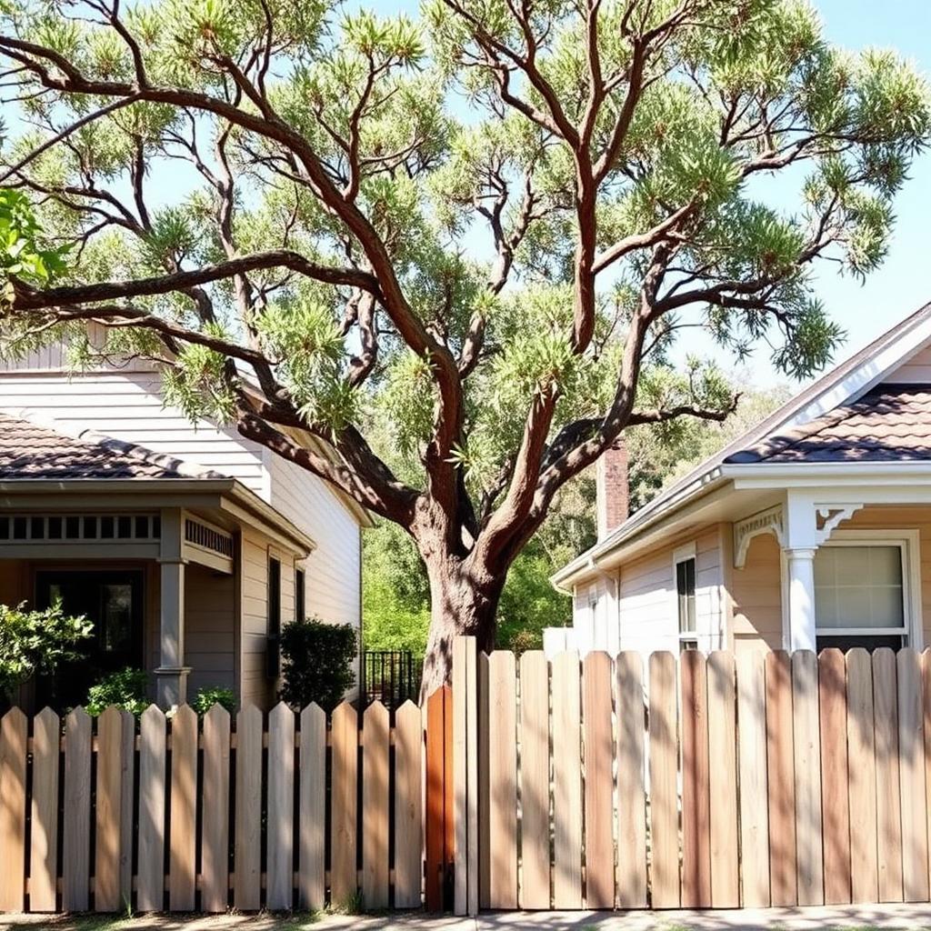 Large eucalyptus tree overhanging a wooden fence between two Melbourne suburban homes