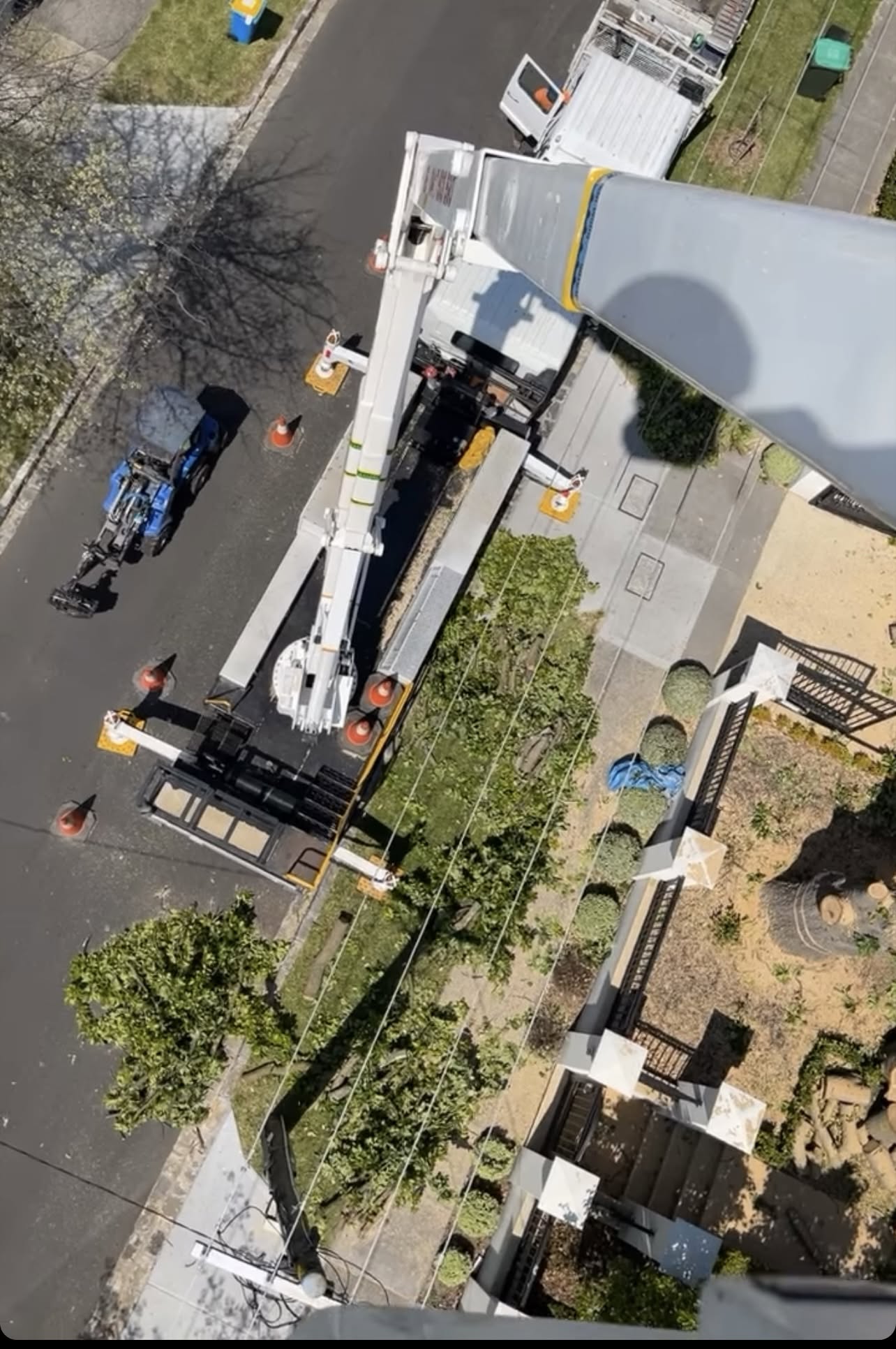 Arborist working high in the bucket truck removing a tree