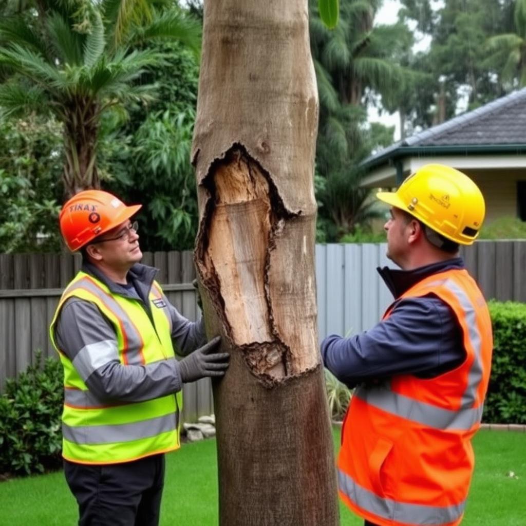 Qualified arborists inspecting a storm-cracked tree trunk in a Melbourne backyard
