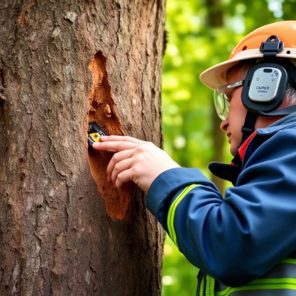Arborist examining a tree trunk for defects, decay and structural issues