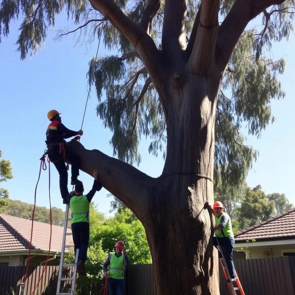 DTS Tree & Stump Removal crew safely dismantling a large tree using ropes and rigging